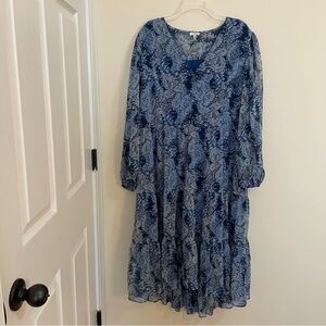 Joie Parisian Paisley Blue and White Chiffon Long Sleeve Dress Women’s Size XXL
